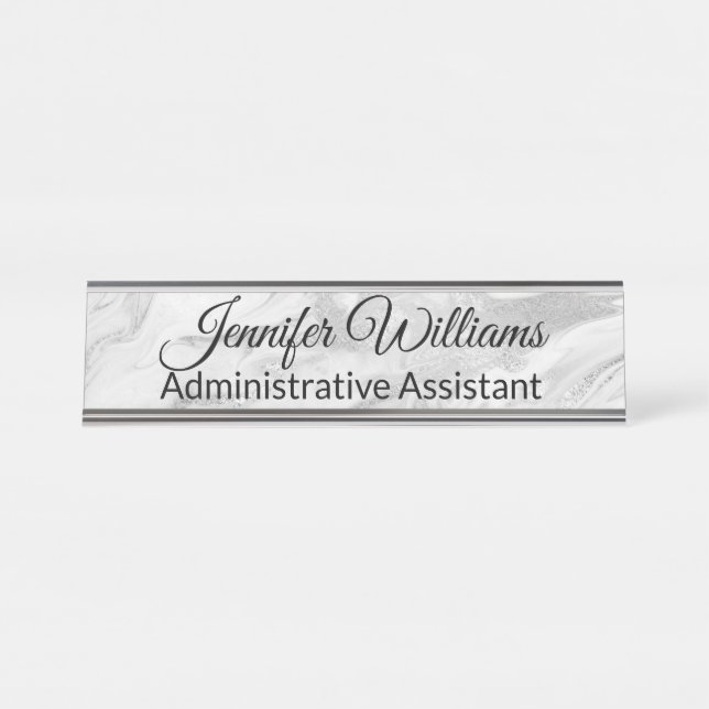 Silver, Grey and White Marbled Desk Name Plate (Front)