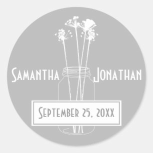 Silver Grey and White Mason Jar Wildflowers Classic Round Sticker