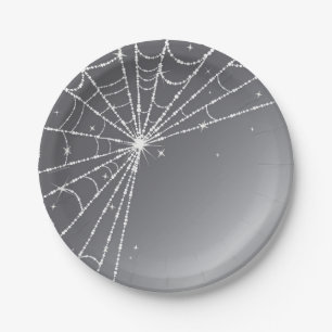 Silver-Grey and White Sparkling Diamond Spider Web Paper Plate