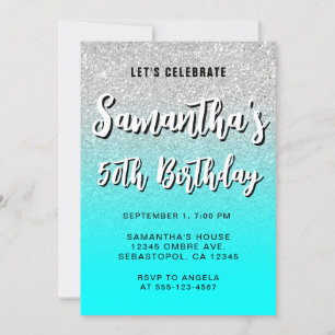 Silver Grey Aqua Modern Gradient 50th Birthday Invitation