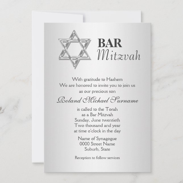 Silver grey bar mitzvah celebrations invitation (Front)