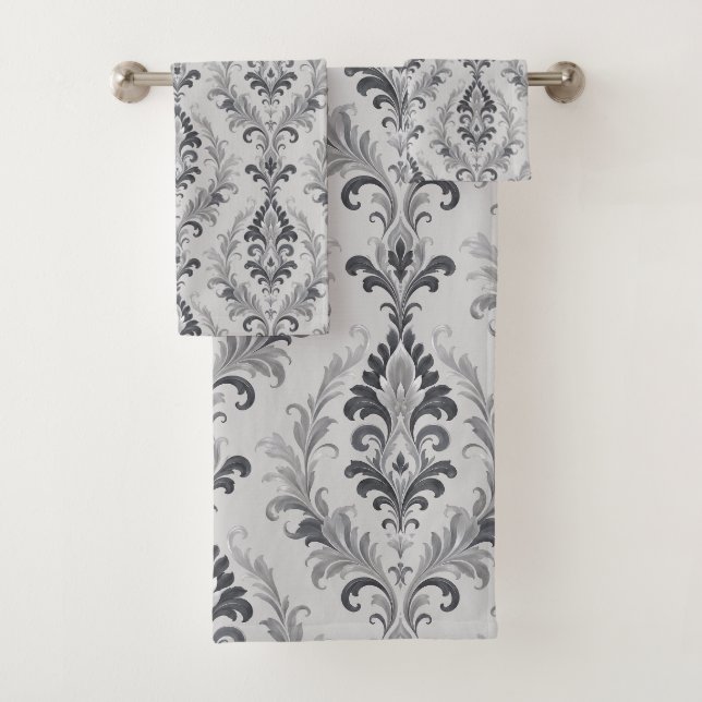 Silver Grey Baroque Damask Floral Pattern Bath Towel Set (Insitu)