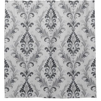 Silver Grey Baroque Damask Floral Pattern Shower Curtain