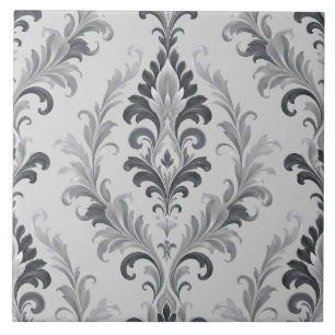 Silver Grey Baroque Damask Floral Pattern Tile