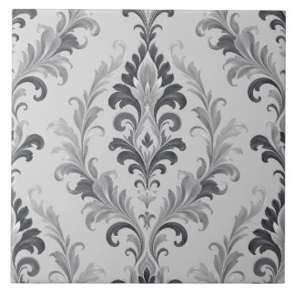 Silver Grey Baroque Damask Floral Pattern Tile