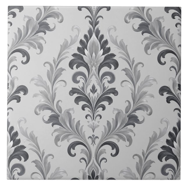 Silver Grey Baroque Damask Floral Pattern Tile (Front)