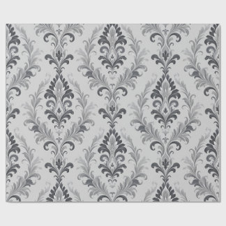 Silver Grey Baroque Damask Floral Pattern Wrapping Paper