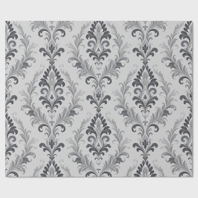 Silver Grey Baroque Damask Floral Pattern Wrapping Paper (Flat)