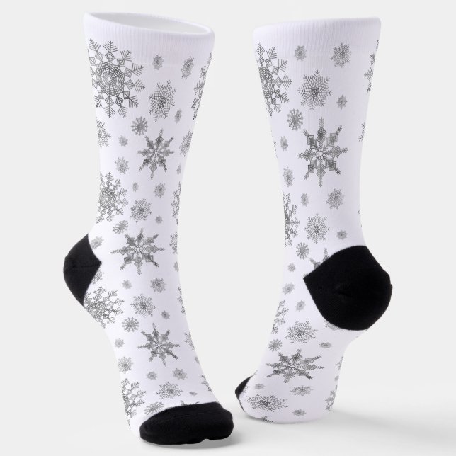 Silver Grey Beautiful Winter Snowflakes Pattern Socks (Angled)