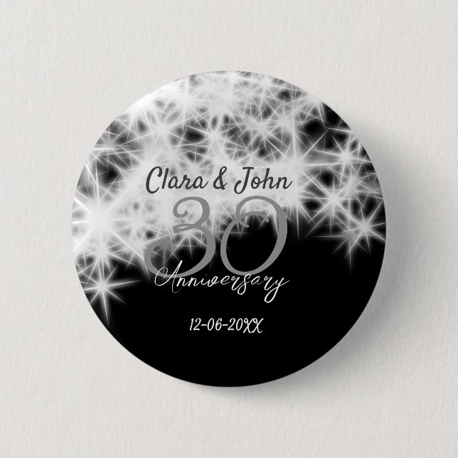 Silver grey black 30th wedding anniversary glitter 6 cm round badge (Front)