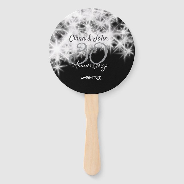 Silver grey black 30th wedding anniversary glitter hand fan (Front)