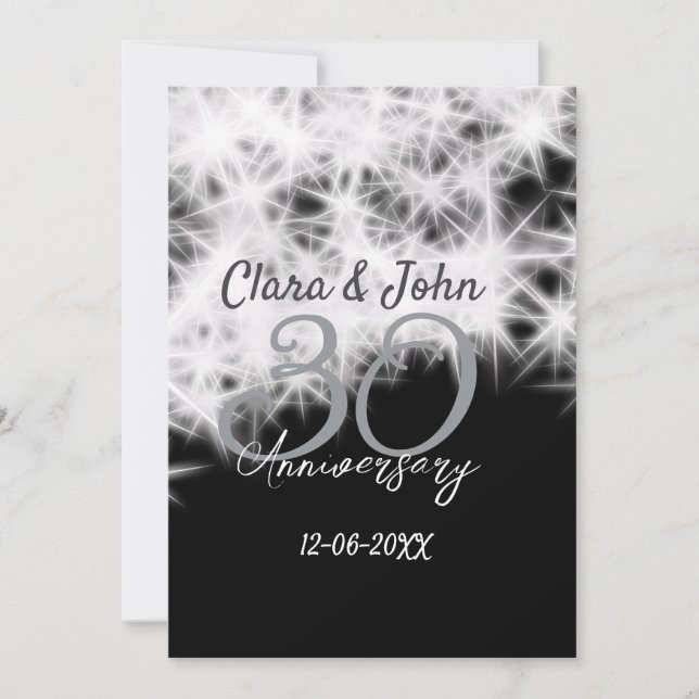 Silver grey black 30th wedding anniversary glitter invitation (Front)