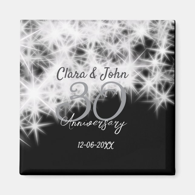 Silver grey black 30th wedding anniversary glitter magnet (Front)