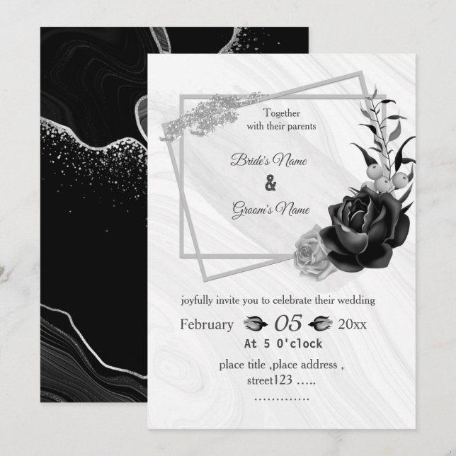 silver grey & black botanical geometric wedding invitation (Front/Back)