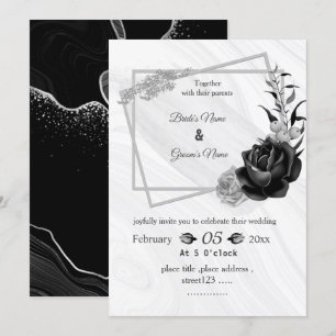 silver grey & black botanical geometric wedding invitation