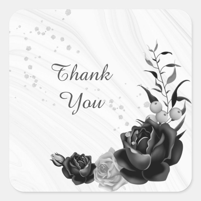 silver grey & black floral wedding square sticker (Front)