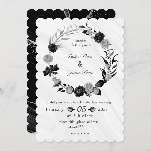 silver grey & black floral wreath wedding invitation (Front/Back)