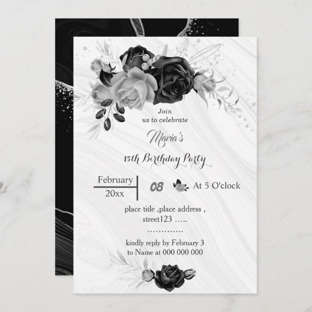 silver grey & black flowers birthday  invitation (Front/Back)