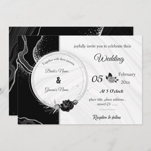 silver grey & black flowers botanical wedding invitation (Front/Back)