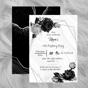 silver grey & black flowers geometric birthday invitation
