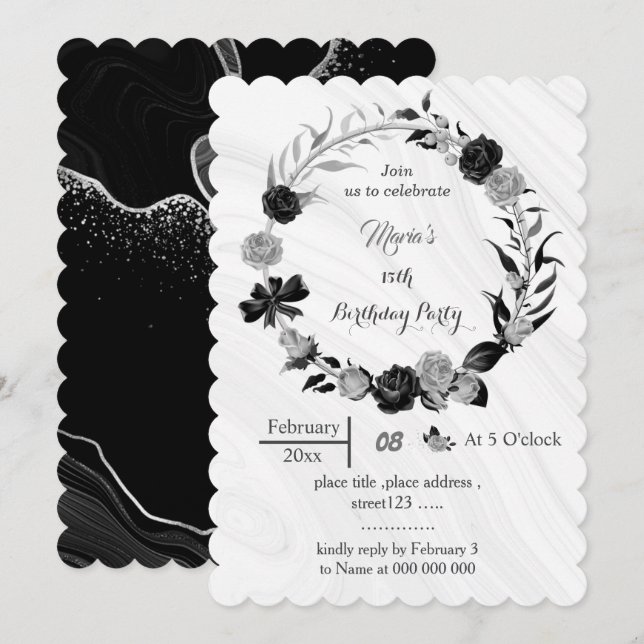 silver grey & black flowers wreath birthday  invitation (Front/Back)