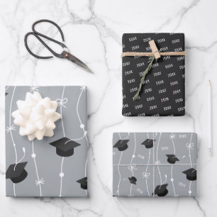 Silver Grey & Black Graduation Cap Toss Wrapping Paper Sheet