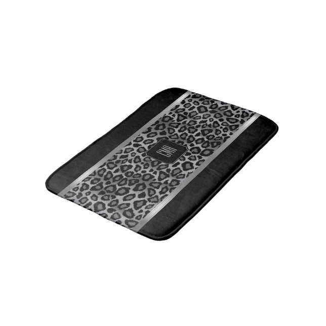 Silver Grey & Black Leopard Pattern - Monogram Bath Mat (Angled)