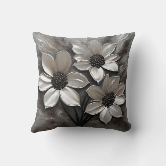 Silver Grey Black Modern Floral Cushion (Back)