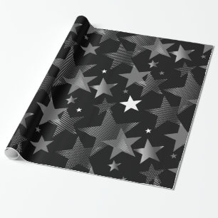 silver grey black stars print wrapping paper