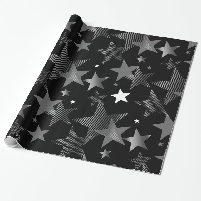 silver grey black stars print wrapping paper (Unrolled)