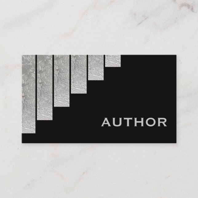 Silver grey, black vertical stripes author business card (Front)