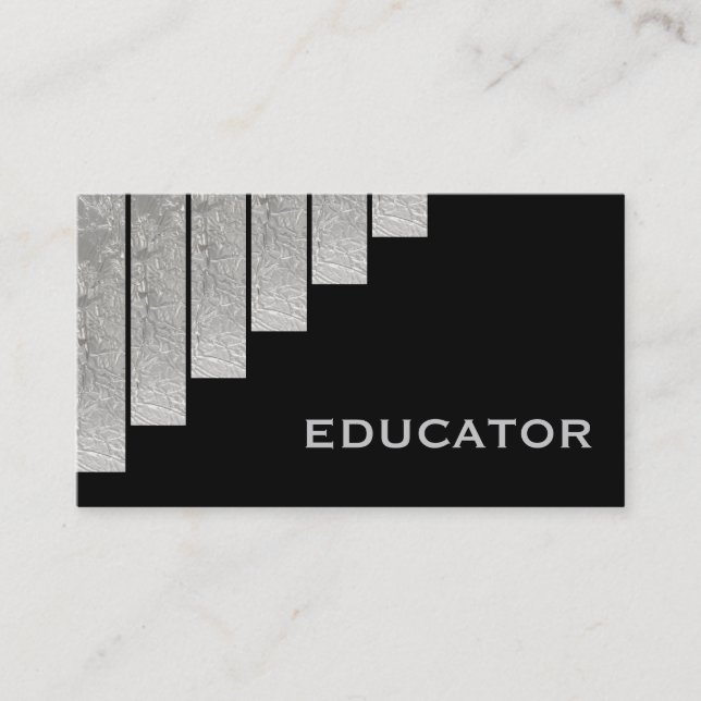 Silver grey, black vertical stripes educator business card (Front)