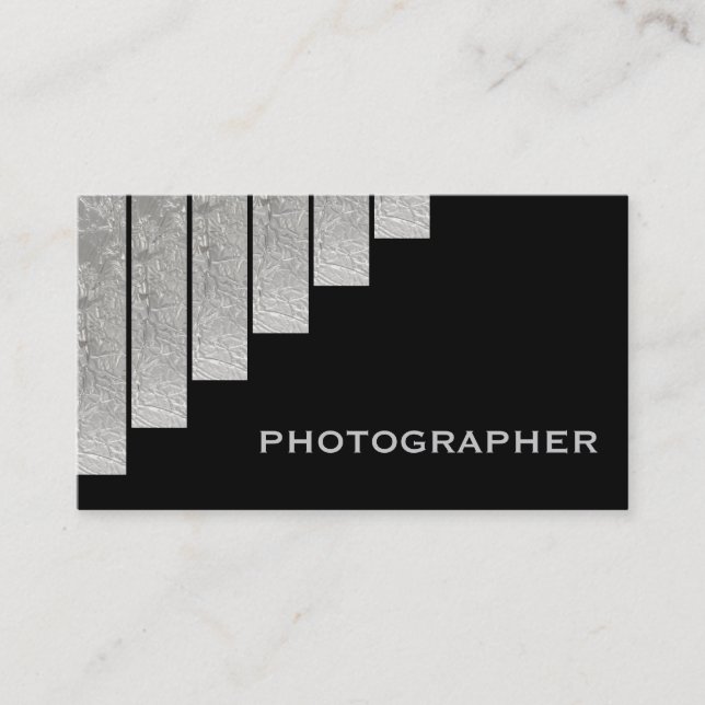 Silver grey, black vertical stripes photographer business card (Front)