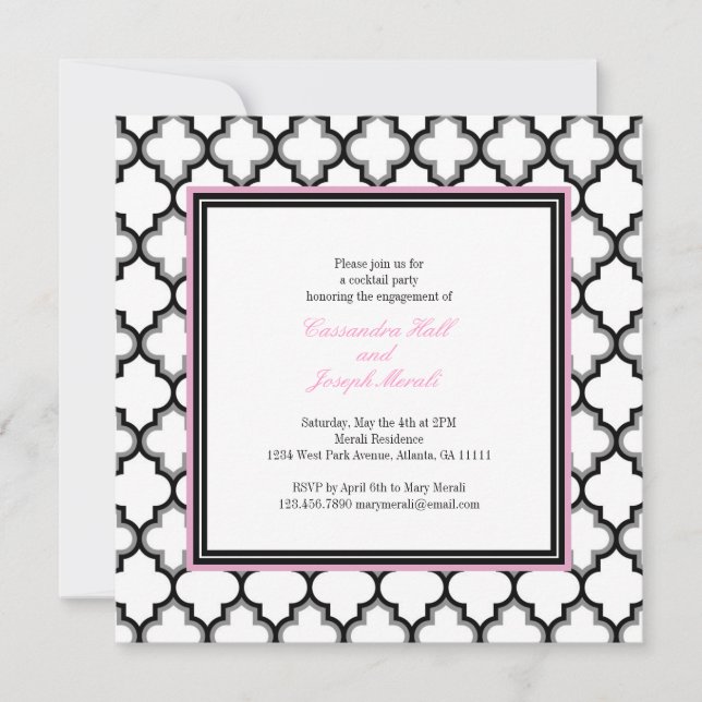 Silver Grey, Black & White Invitation, Pink Invitation (Front)