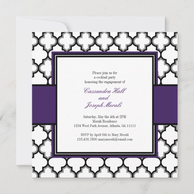 Silver Grey, Black & White Invitation, Purple Invitation (Front)