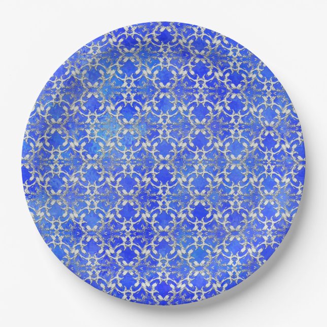 Silver Grey Blue Dancing Scrolls Pattern Paper Plate (Front)