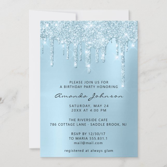 Silver Grey Blue Sky Glitter Effect Drip Birthday Invitation (Front)