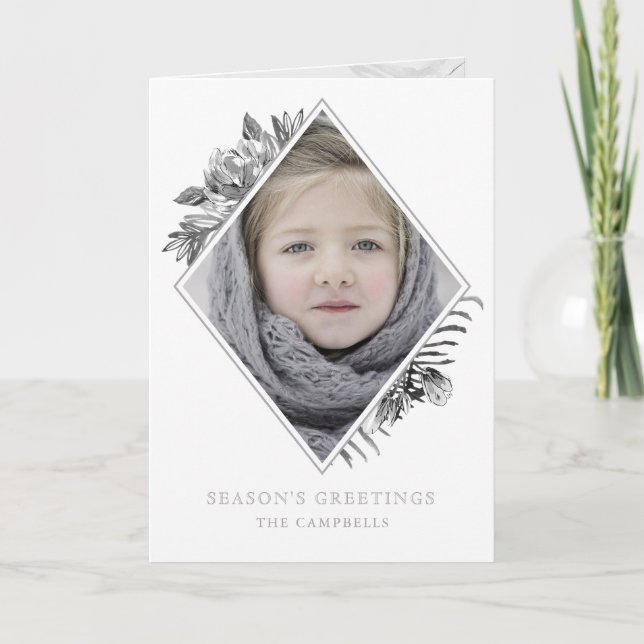 Silver Grey Botanical Elegant Photo Holiday Card (Front)