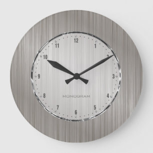 Silver Grey Brushed Aluminium Look Large Clock