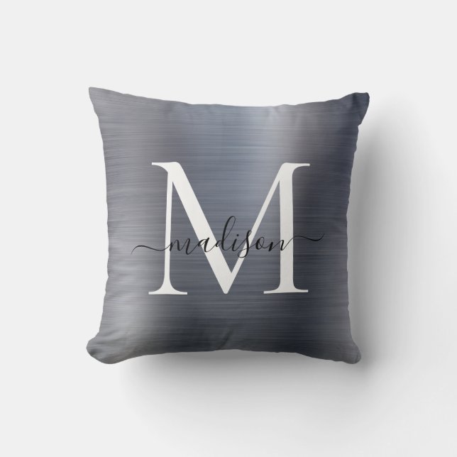 Silver Grey Brushed Metal Girly Script Monogram Cushion (Front)