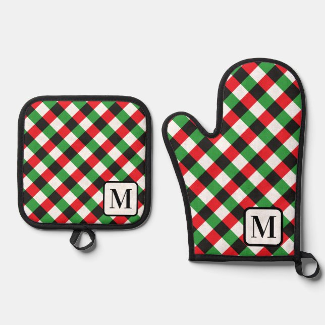 Silver Grey Buffalo Plaid Gingham Monogrammed Oven Mitt & Pot Holder Set (Front)