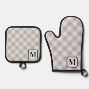 Silver Grey Buffalo Plaid Gingham Monogrammed Oven Mitt & Pot Holder Set