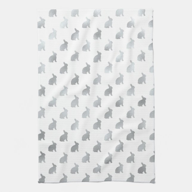 Silver Grey Bunny Background Faux Foil Grey Tea Towel (Vertical)