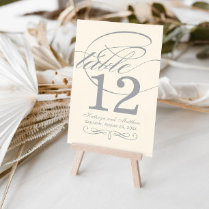 Silver Grey Calligraphy Script Wedding Monogram Table Number