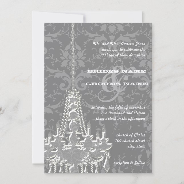 Silver & Grey Chandeliers Damask Wedding Invite (Front)