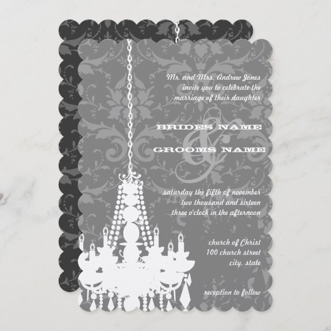 Silver & Grey Chandeliers Damask Wedding Invite (Front/Back)