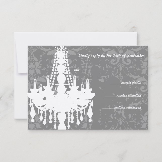 Silver & Grey Chandeliers Damask Wedding RSVP Card (Front)