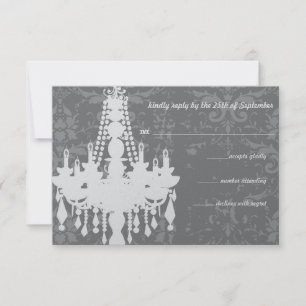 Silver & Grey Chandeliers Damask Wedding RSVP Card