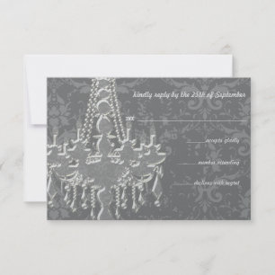 Silver & Grey Chandeliers Damask Wedding RSVP Card