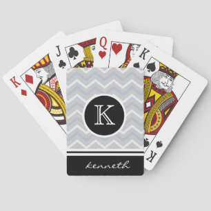 Silver Grey Chevron Black Monogram Name Custom Playing Cards